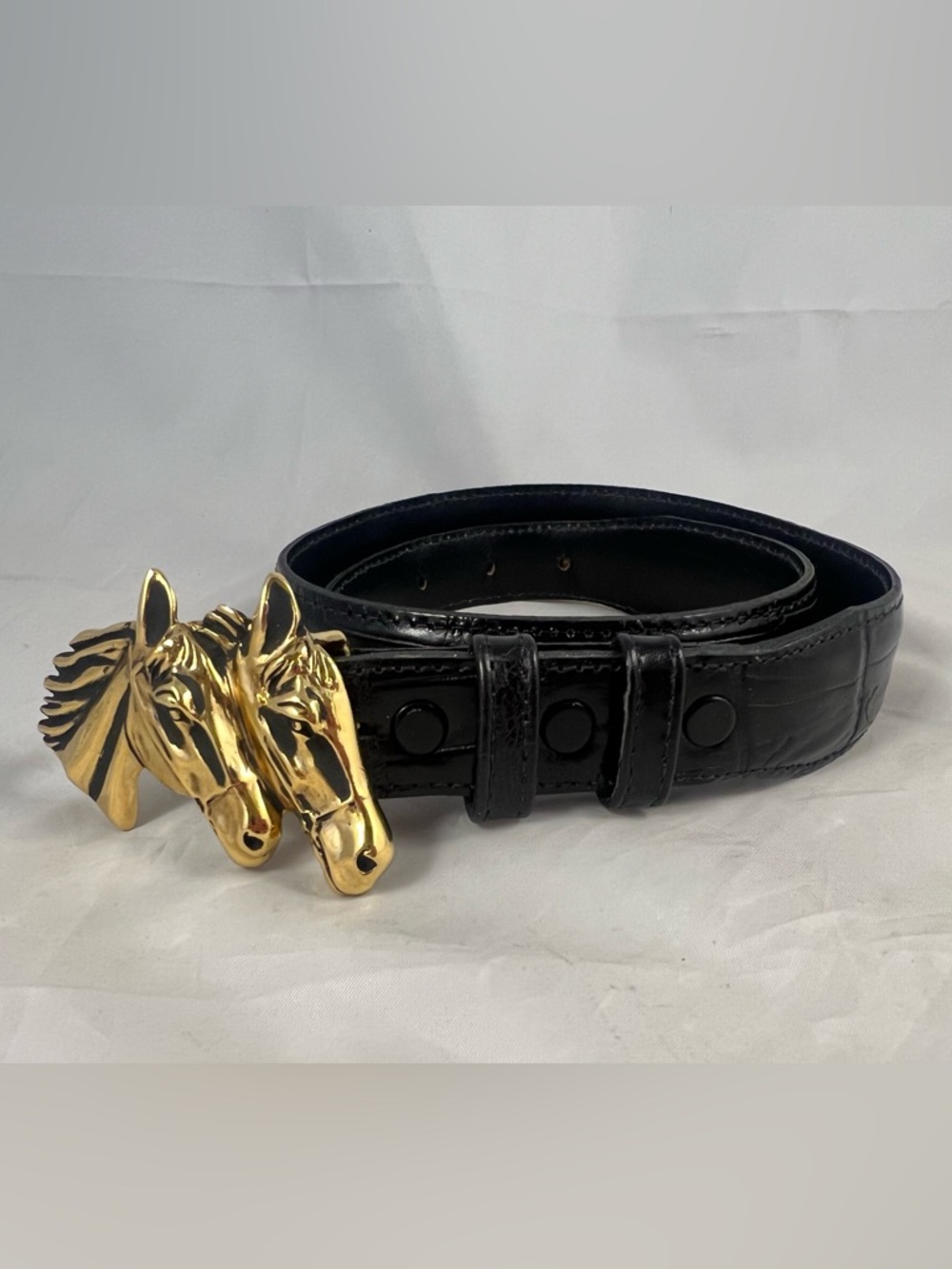 Vicenza Gold Double Horse Head Black Calfskin Alligator Print Belt Equestrian 28